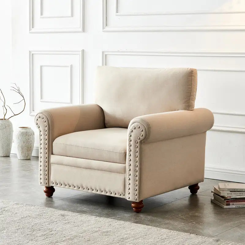 Beige Single Sofa Chair with Wood Legs - Living Room