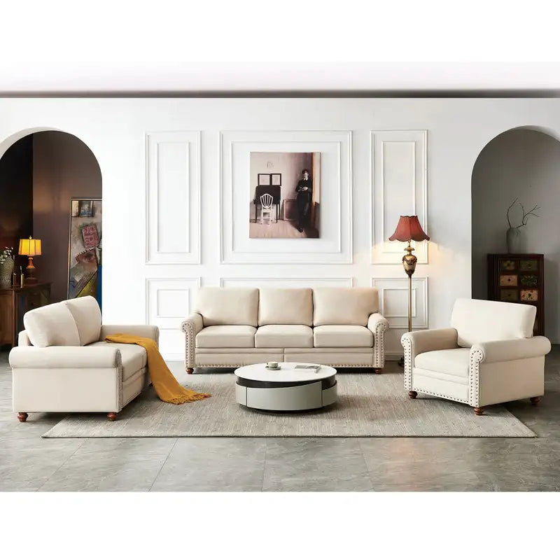 Beige Linen Sectional Sofa with Storage (1+2+3)