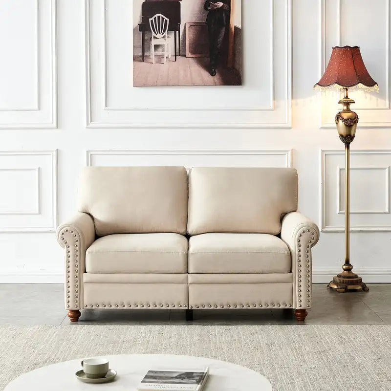 Beige Linen Loveseat with Storage: Upholstered Sofa