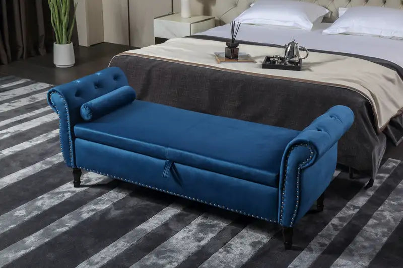 Aijia 63" Velvet Storage Bench Ottoman with Pillow - Blue