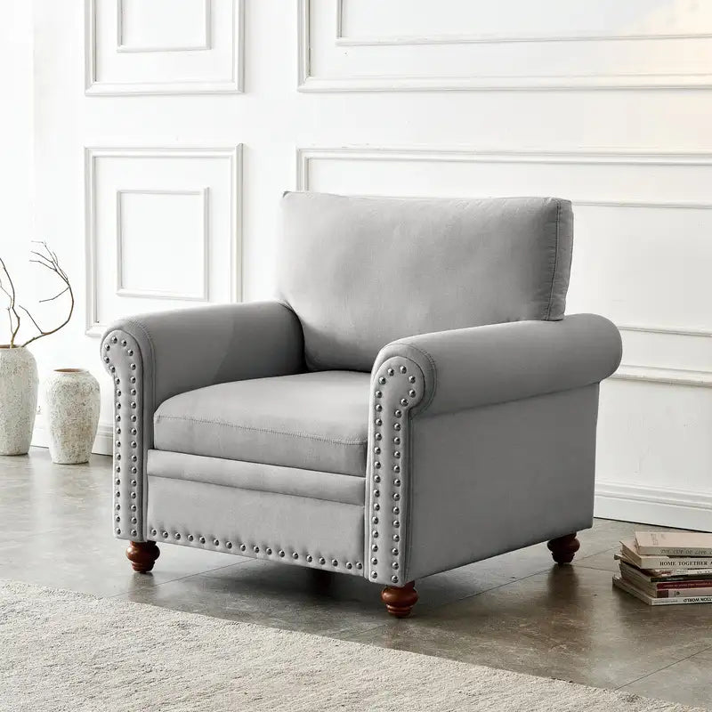 Grey Fabric Single Sofa Chair with Wood Legs for Living Room