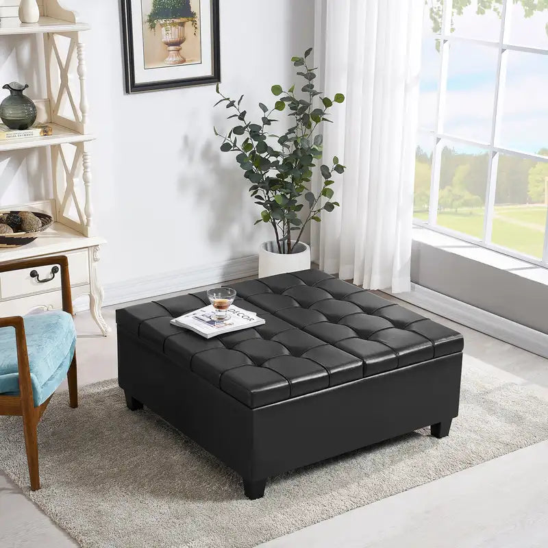 Black Faux Leather Ottoman Coffee Table - Large Square Storage