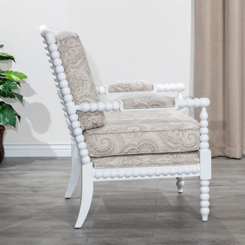 White Spindle Chair with Taupe Paisley Fabric