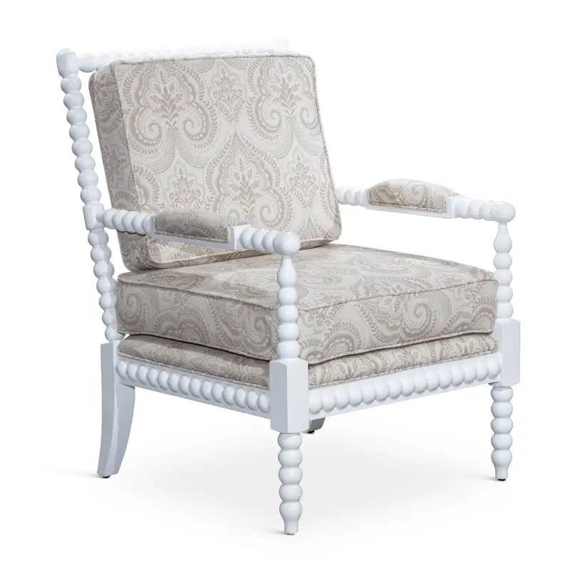 White Spindle Chair with Taupe Paisley Fabric