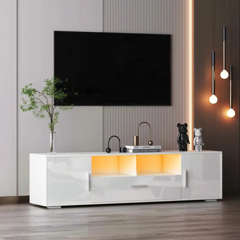 LED TV Stand with Remote Control Lights - White Entertainment Center