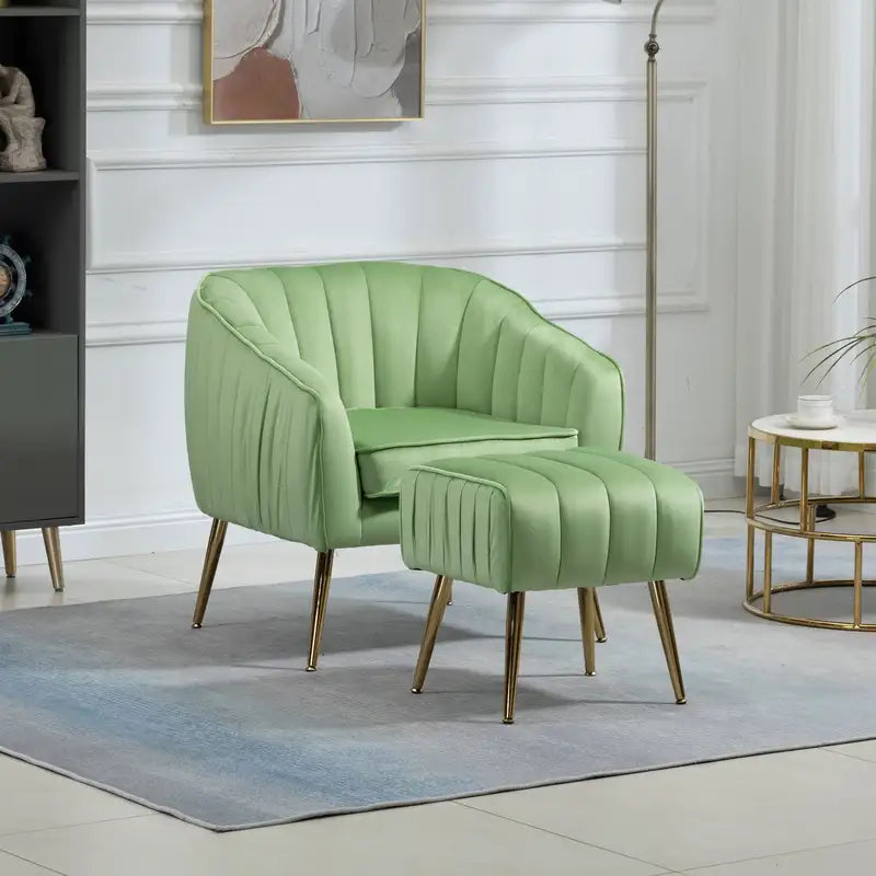 Velvet Tufted Barrel Chair & Ottoman Set - Grass Green Gold