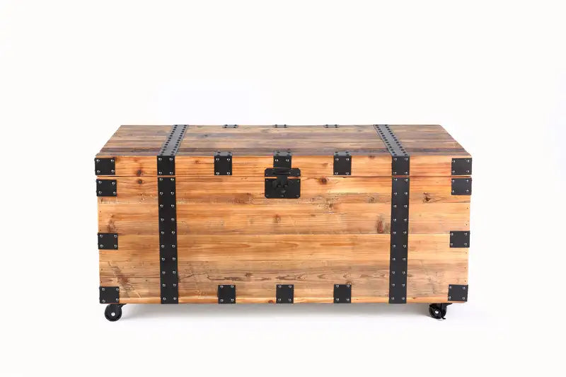 Large Capacity Rolling Trunk Coffee Table - Reclaimed Wood & Metal