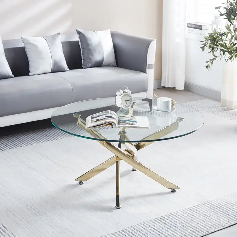 Round Glass Coffee Table - Modern Tempered Glass & Steel Legs