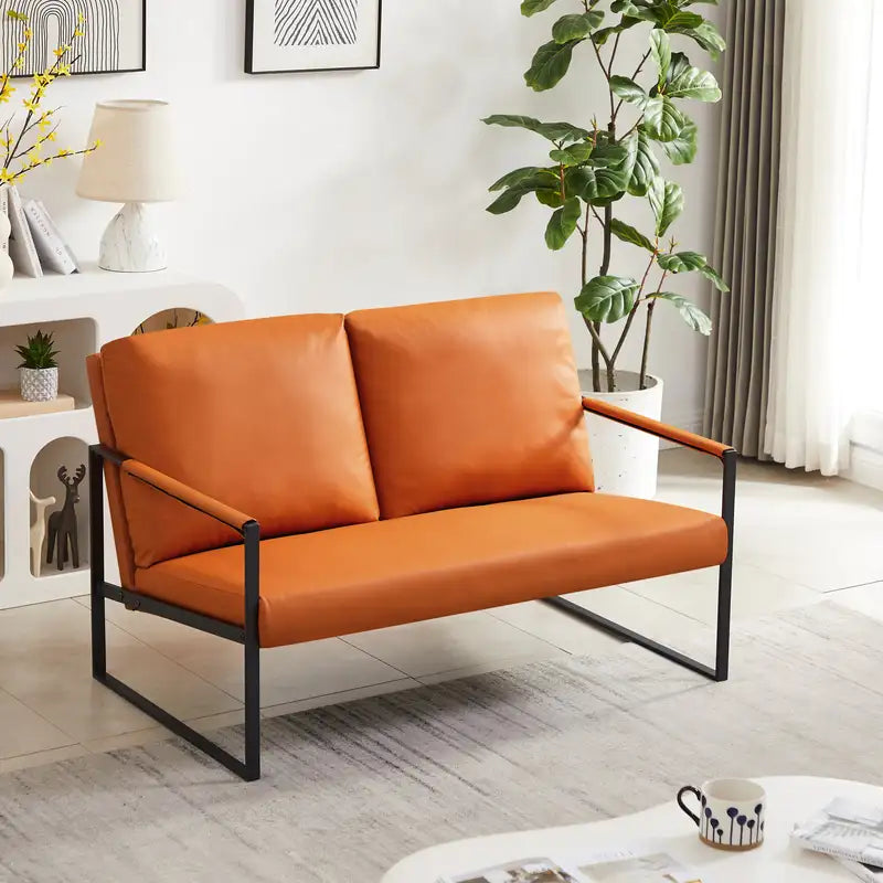 Orange PVC Leather Accent Armchair with Thick Padding & Metal Frame