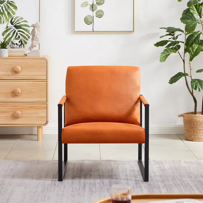 Orange PVC Leather Accent Armchair with Thick Cushions & Metal Frame