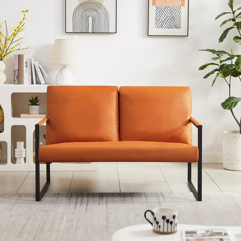 Orange PVC Leather Accent Armchair with Thick Padding & Metal Frame