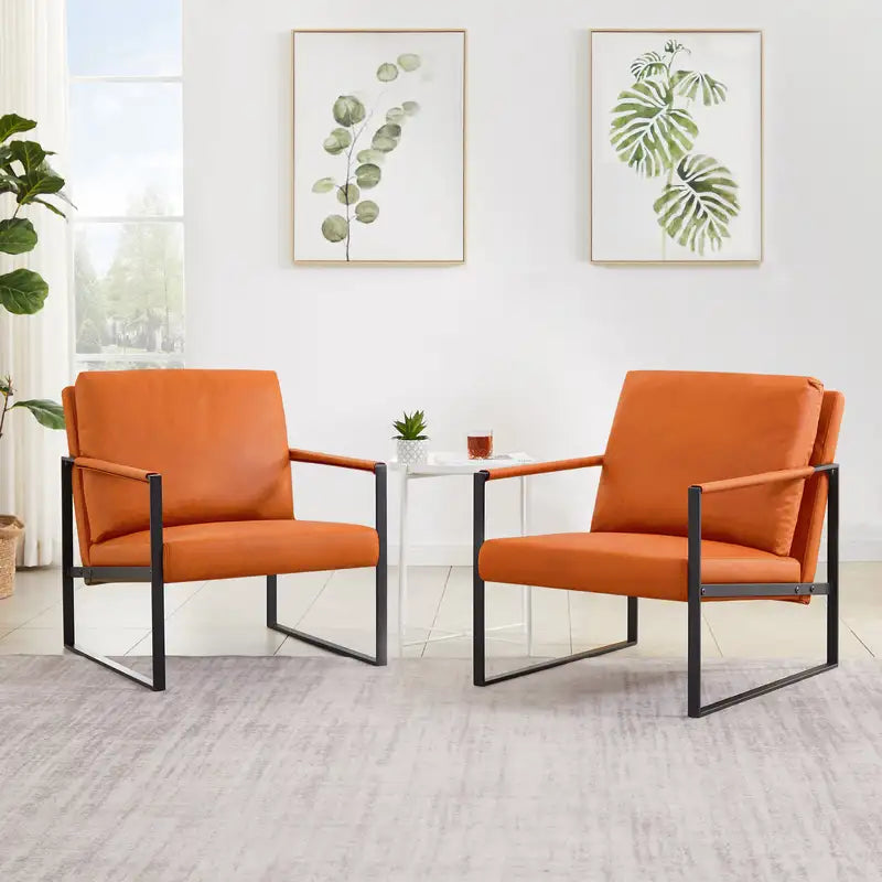 Orange PVC Leather Accent Armchair with Thick Cushions & Metal Frame