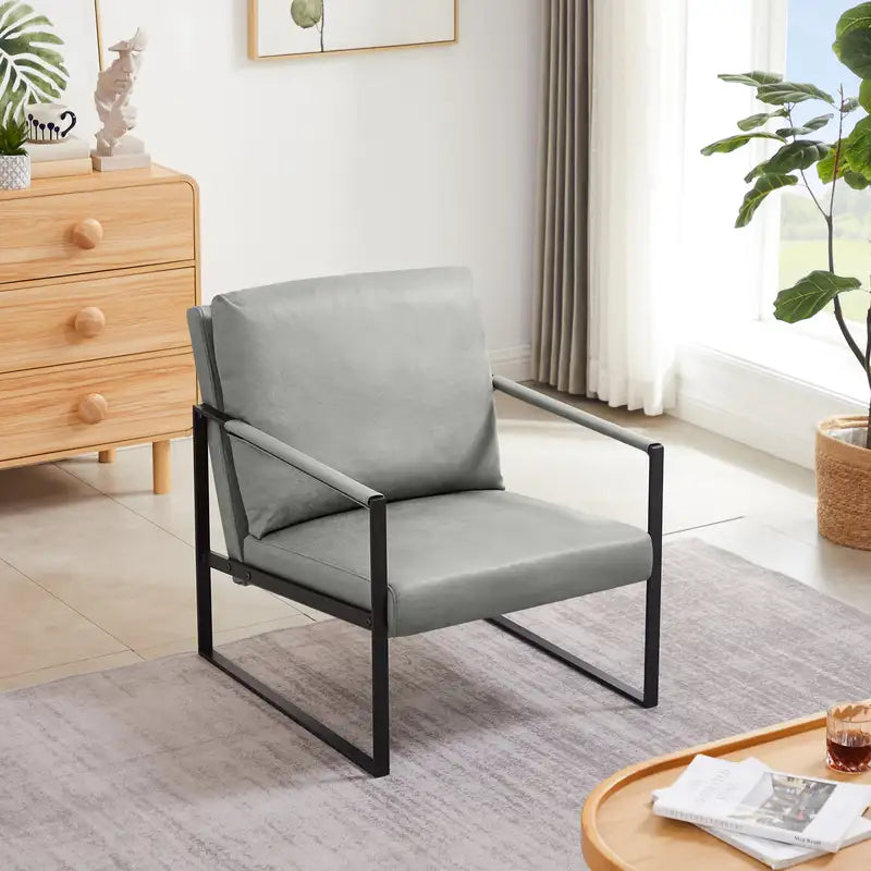 Gray PVC Leather Accent Armchair - Thick Padded, Sturdy Metal Frame