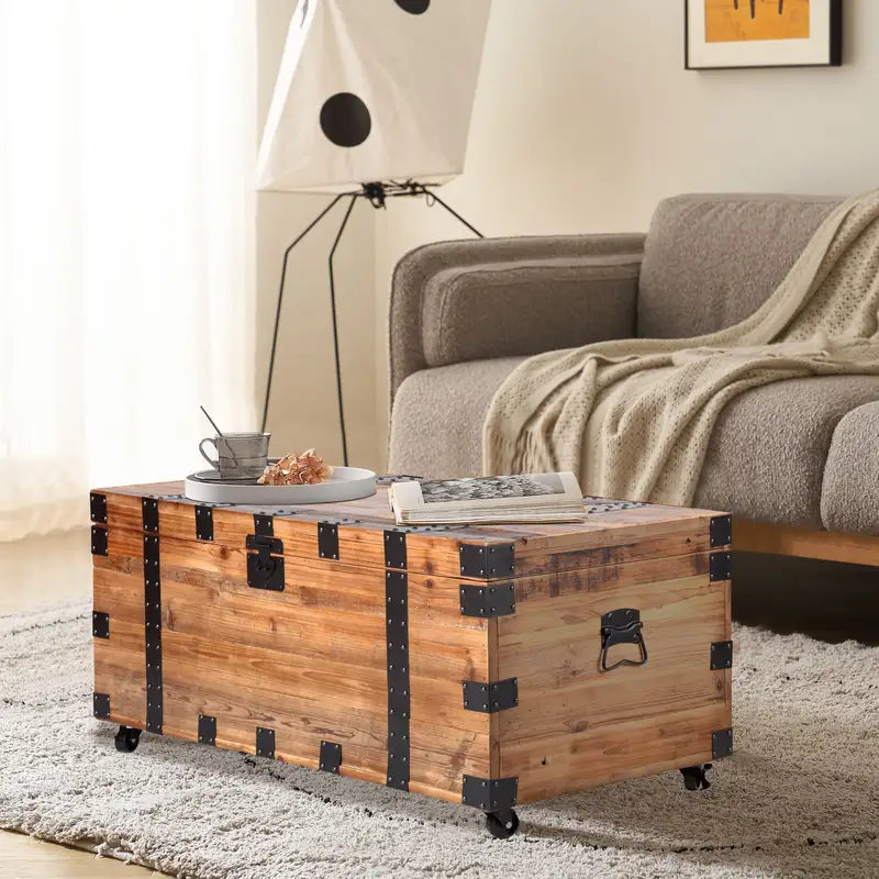 Large Capacity Rolling Trunk Coffee Table - Reclaimed Wood & Metal