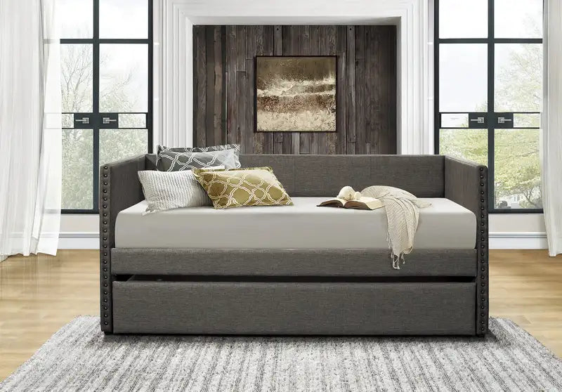 Gray Fabric Daybed with Trundle - Nailhead Trim & Wood Frame