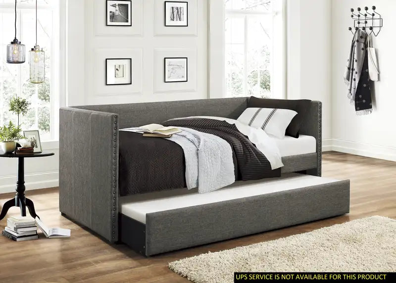 Gray Fabric Daybed with Trundle - Nailhead Trim & Wood Frame