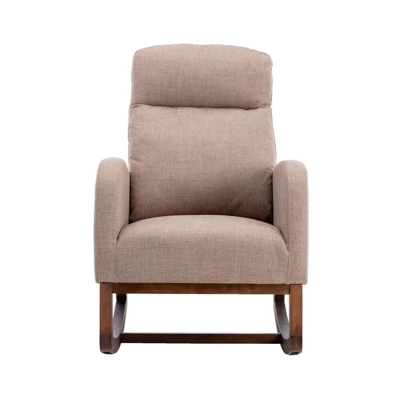 Camel Linen Rocking Chair - Modern Glider Recliner with Wood Legs & Pocket