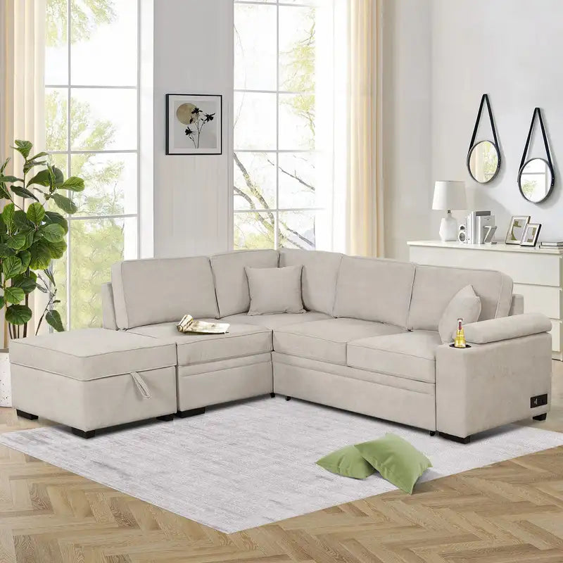 Beige L-Shaped Sleeper Sofa Bed with Storage Ottoman - 84.75"