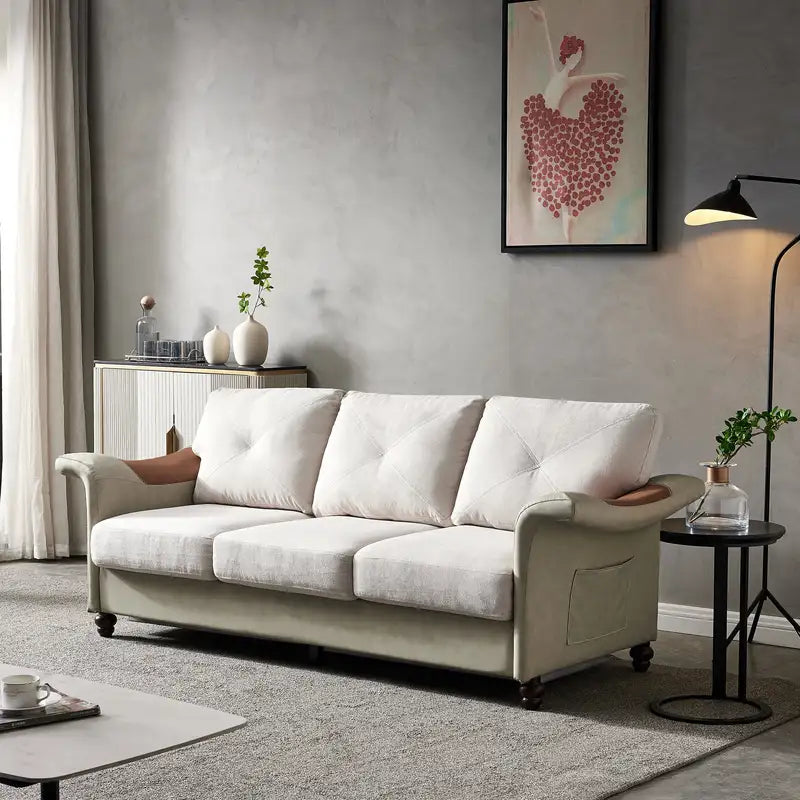 Beige Linen & Faux Leather Sofa with Wood Legs