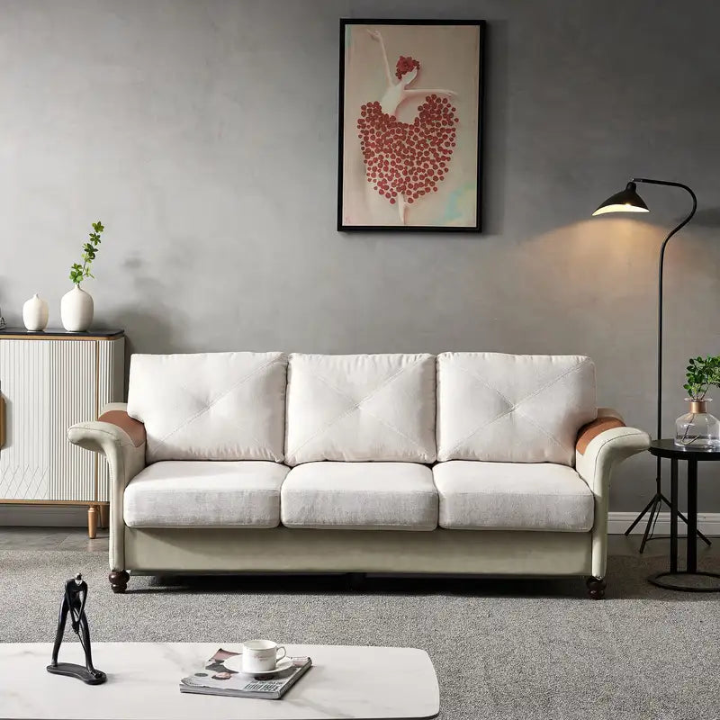 Beige Linen & Faux Leather Sofa with Wood Legs