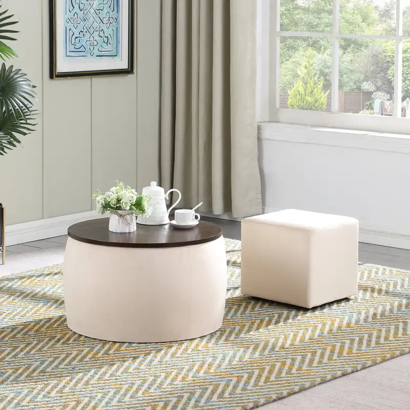 Round Ottoman Set with Storage: Coffee Table & Footrest for Living Room