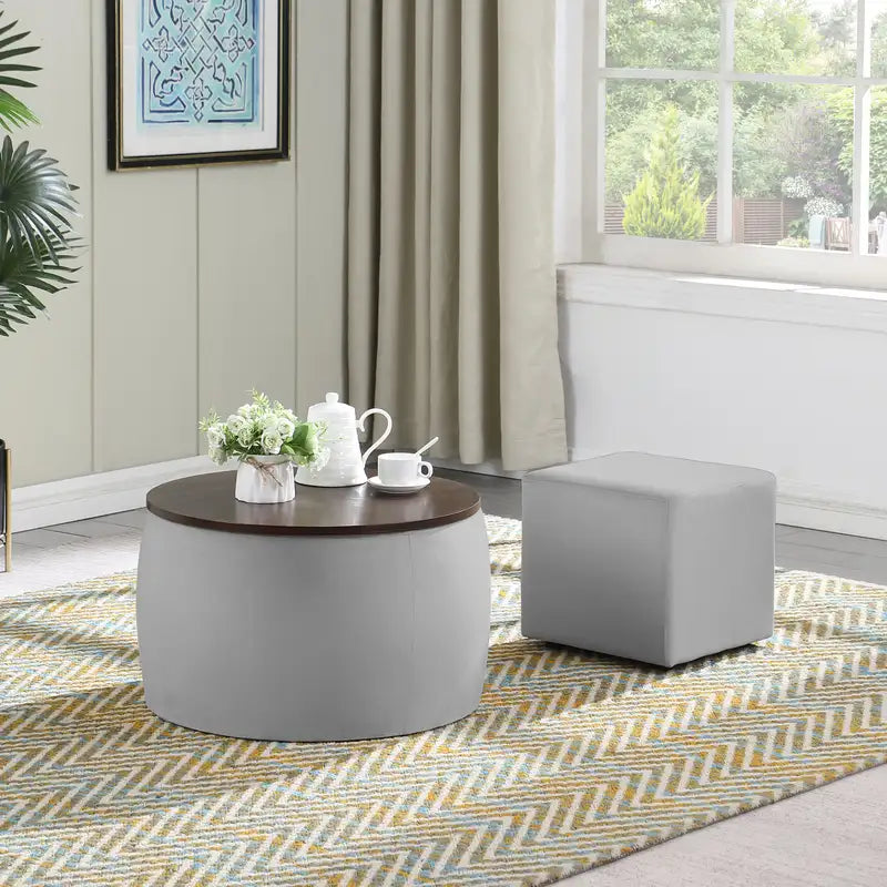 Round Ottoman Set with Storage: Coffee Table & Footrest for Living Room