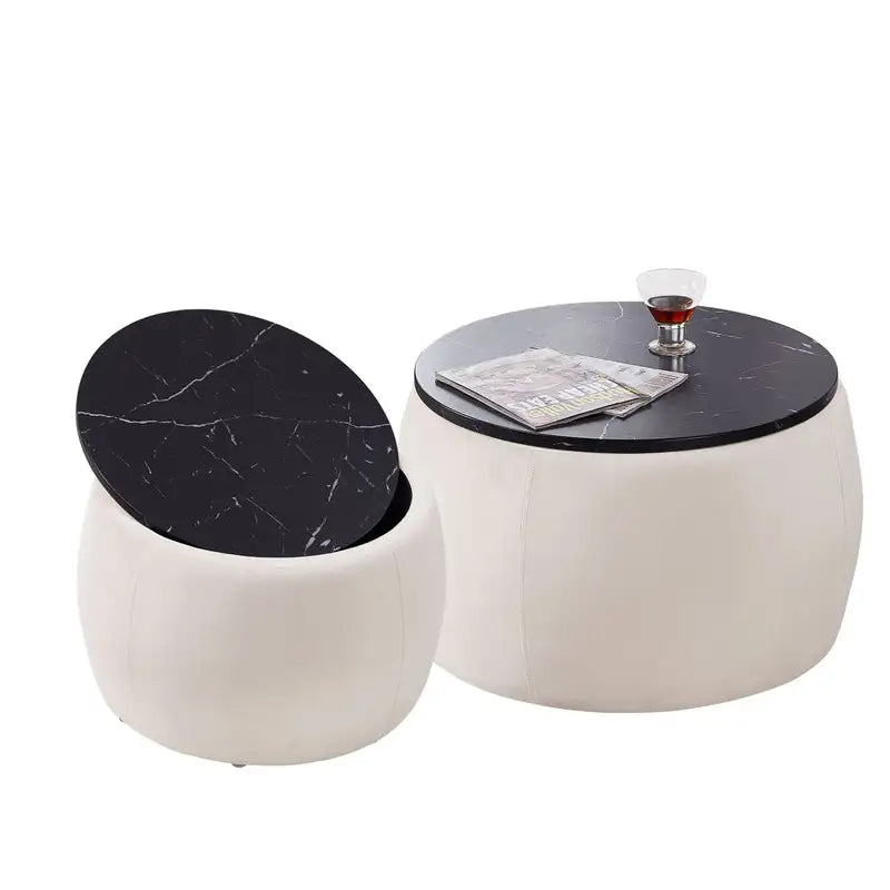 Beige Round Nesting Ottomans (Set of 2) - Coffee Table & Footrest