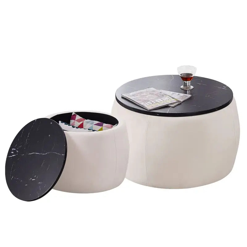 Beige Round Nesting Ottomans (Set of 2) - Coffee Table & Footrest