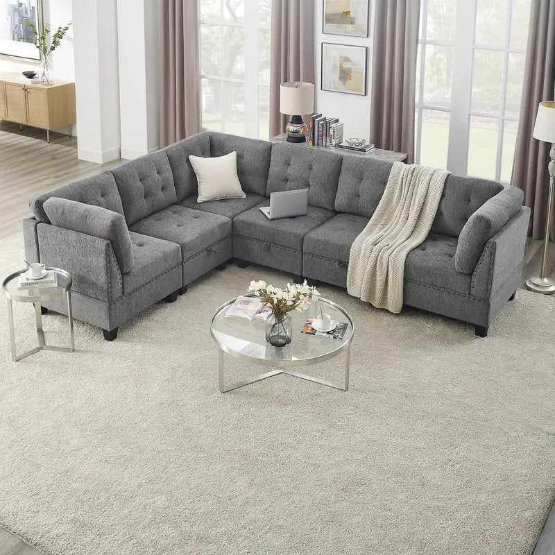 Grey Chenille L-Shaped Modular Sectional Sofa - 3 Single Chairs & 3 Corners