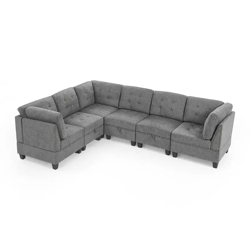 Grey Chenille L-Shaped Modular Sectional Sofa - 3 Single Chairs & 3 Corners