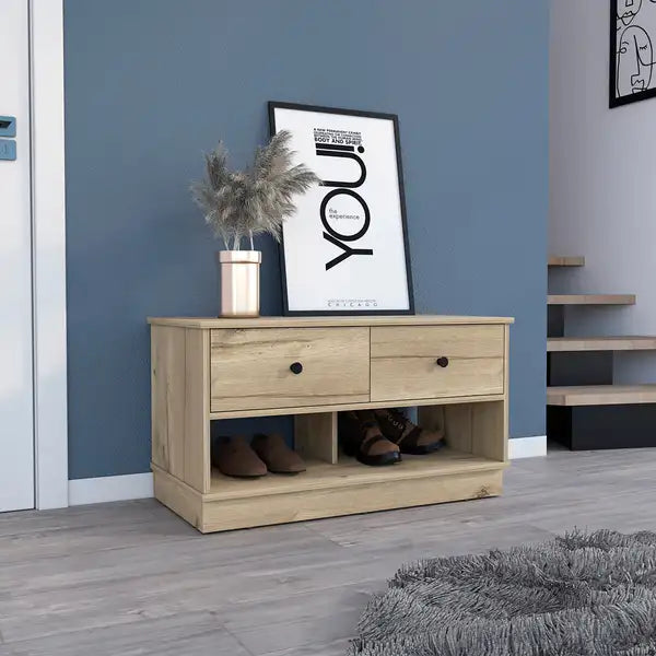 Oak Storage Bench with Shelves & Drawers - Light Wood