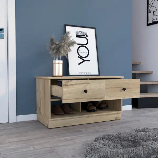 Oak Storage Bench with Shelves & Drawers - Light Wood