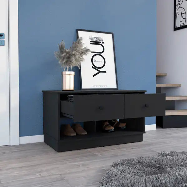 Black Wengue Storage Bench with Shelves & Drawers