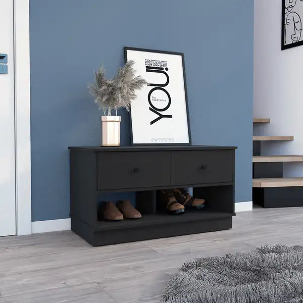 Black Wengue Storage Bench with Shelves & Drawers