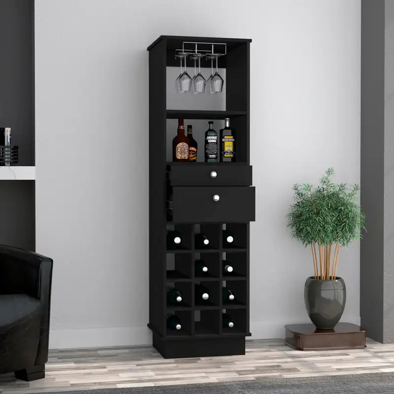 Black Wengue Wine Bar Cabinet: 12-Bottle, 2-Drawer, 1-Shelf