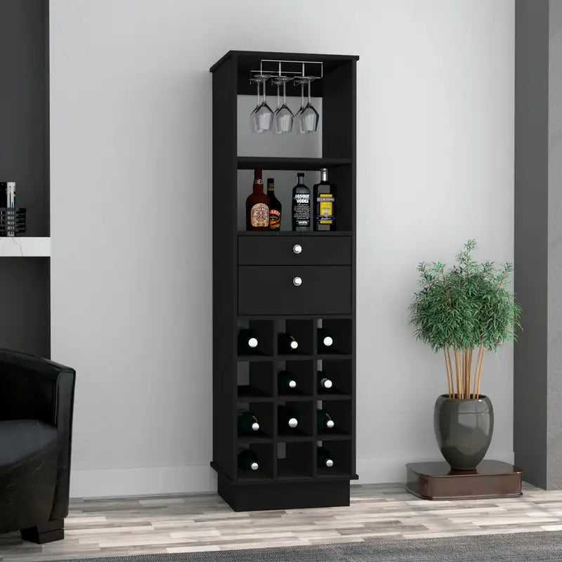 Black Wengue Wine Bar Cabinet: 12-Bottle, 2-Drawer, 1-Shelf