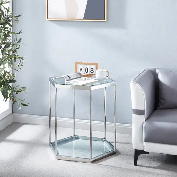 Modern Glass End Table - Silver Stainless Steel Frame