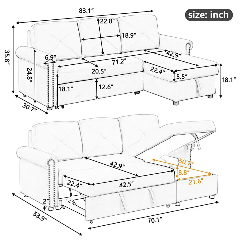 83" Beige Convertible Sleeper Sofa Bed with Storage Chaise