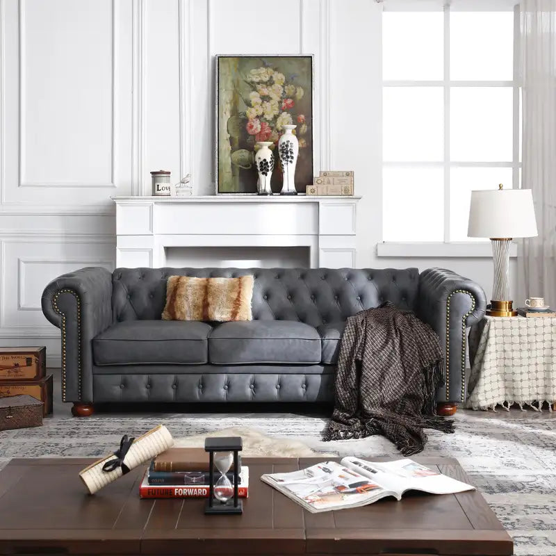 Dark Grey Faux Leather Chesterfield Sofa - Classic Style