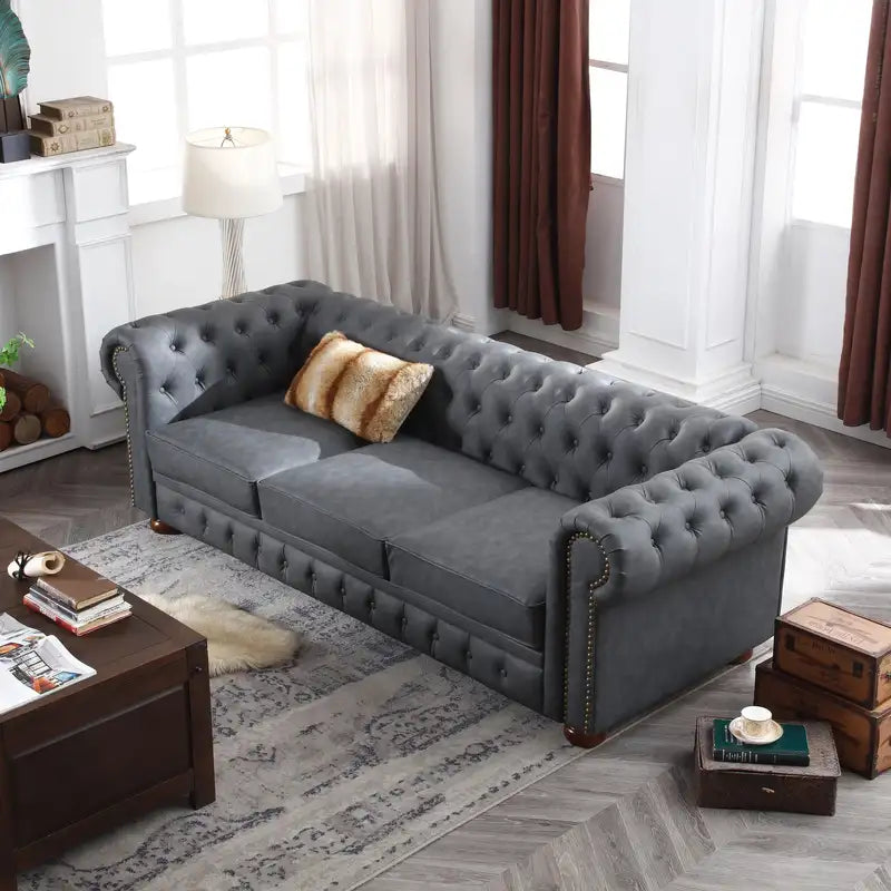 Dark Grey Faux Leather Chesterfield Sofa - Classic Style