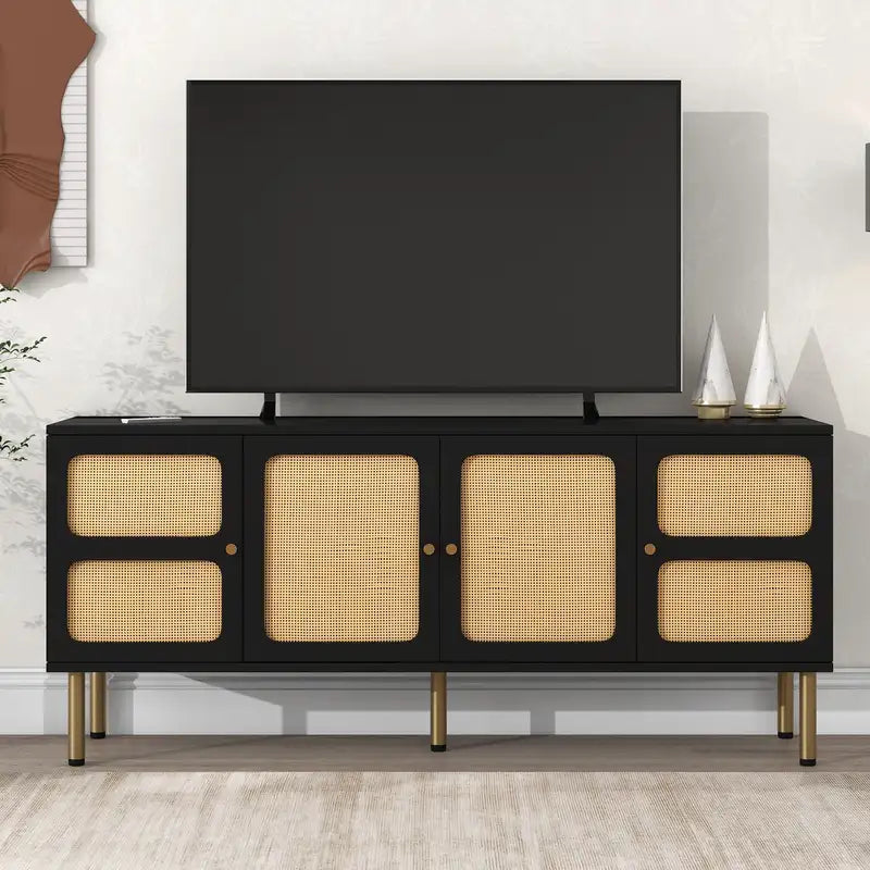 Boho Rattan TV Stand | 70" Media Console | Gold Metal Base