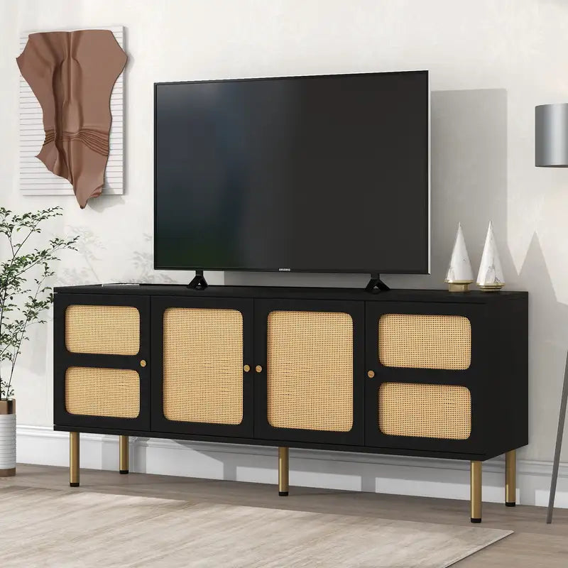 Boho Rattan TV Stand | 70" Media Console | Gold Metal Base