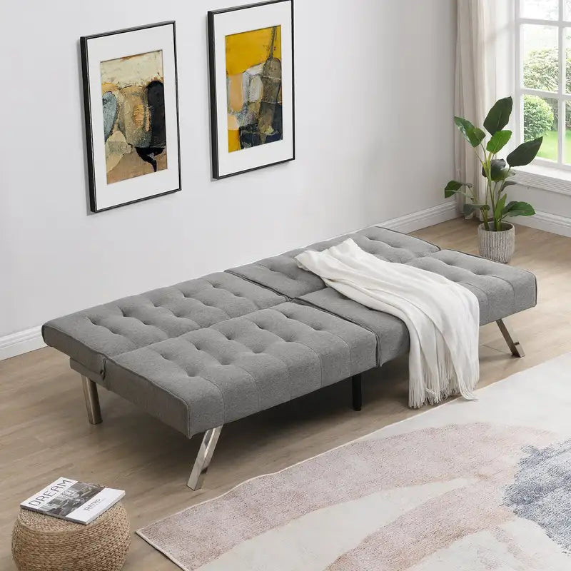 Grey Futon Sofa Bed with Wood Frame & Stainless Steel Legs