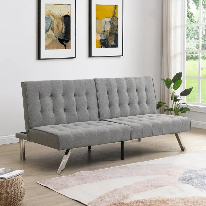 Grey Futon Sofa Bed with Wood Frame & Stainless Steel Legs