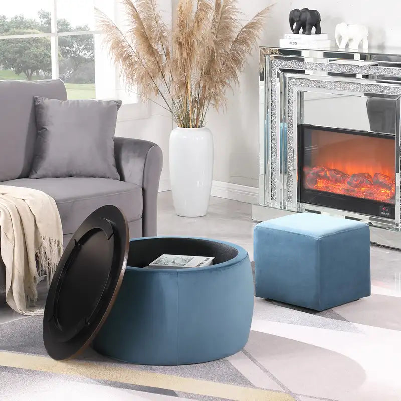 Round Ottoman Set with Storage: Coffee Table & Footrest for Living Room