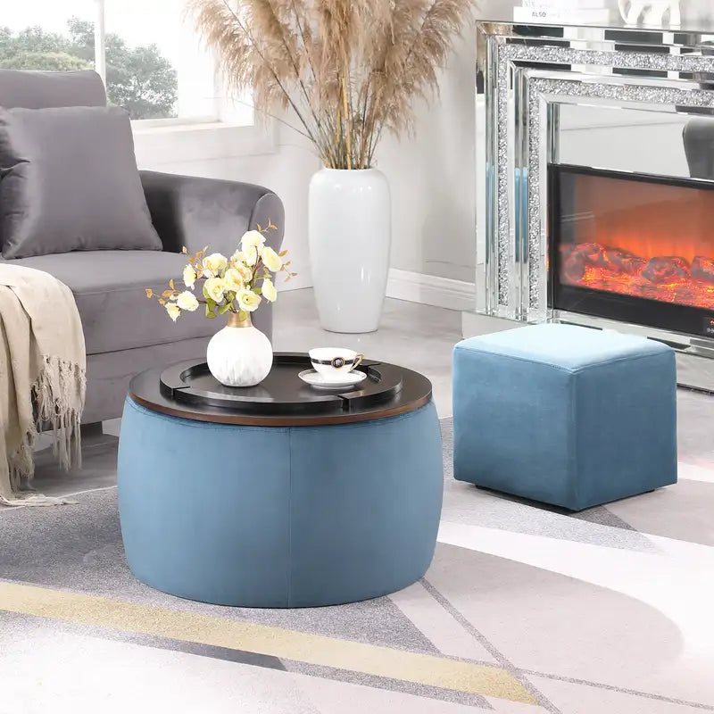 Round Ottoman Set with Storage: Coffee Table & Footrest for Living Room