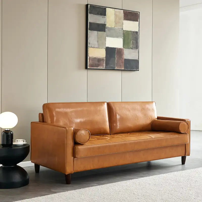 Mocha Vegan Leather Mid-Century Modern Sofa