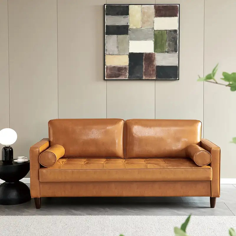 Mocha Vegan Leather Mid-Century Modern Sofa