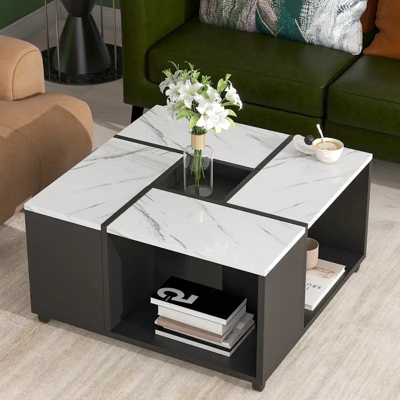 Modern 2-Tier Coffee Table with Removable Tray & Casters - 31.4" Square