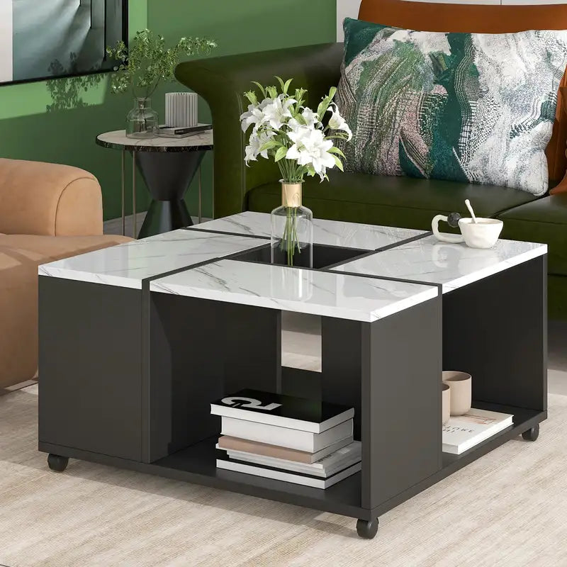 Modern 2-Tier Coffee Table with Removable Tray & Casters - 31.4" Square